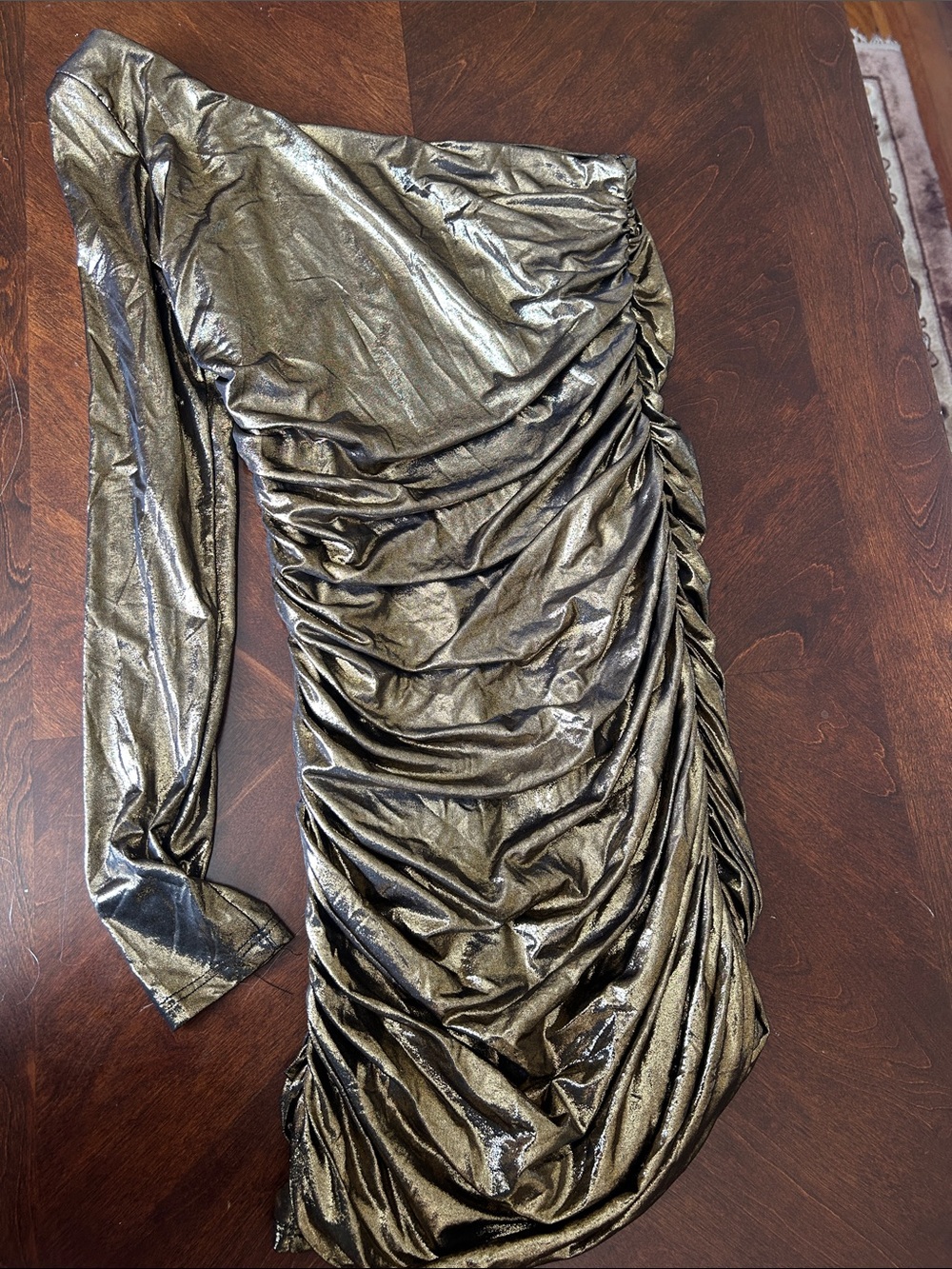 Metallic One-Shoulder Ruched Women’s Dress - Gold
